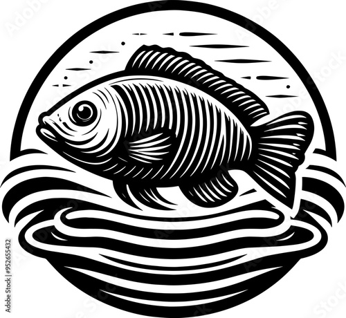 Stylized Black-and-White Fish Vector - Bold Graphic Logo, T-Shirt Design, Fish silhouette