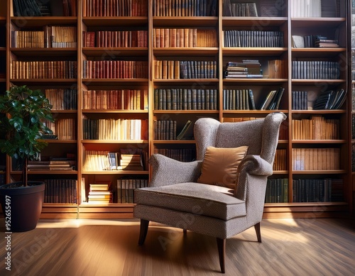 Library scene with books and an armchair. Generated with AI