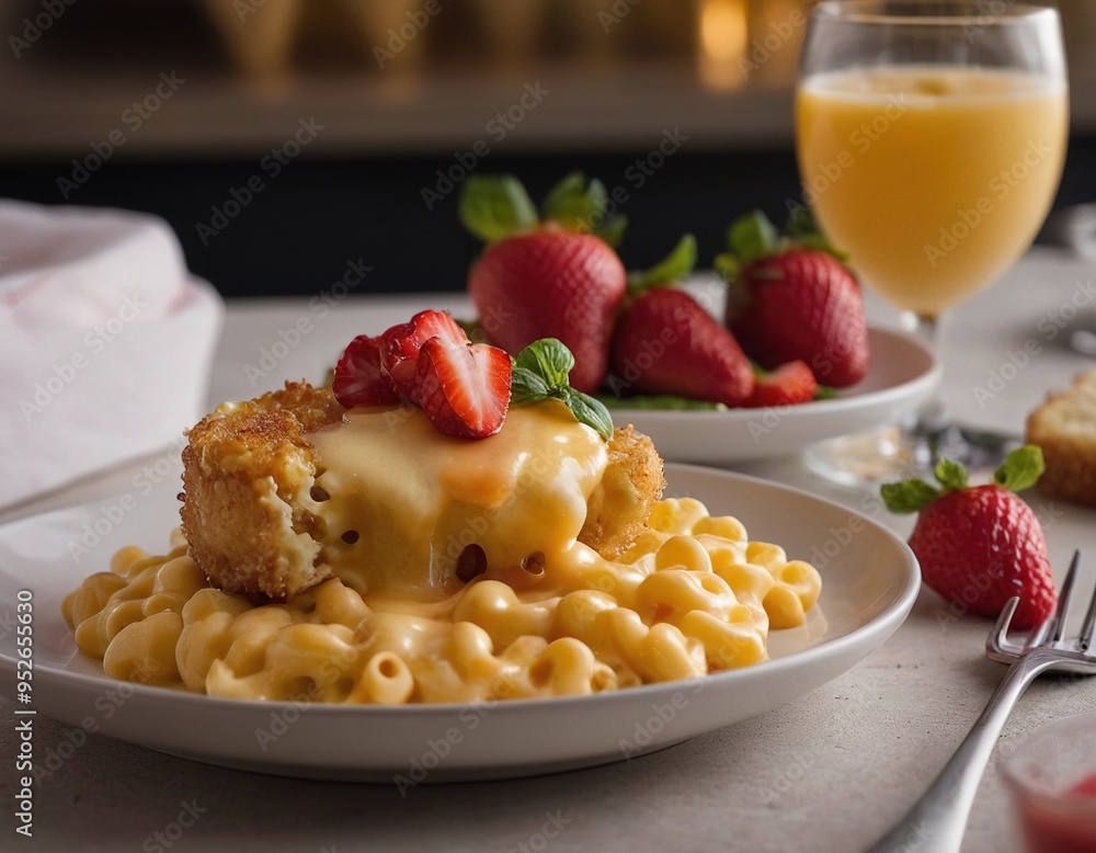A close-up of a cheesy mac and cheese dish topped with a fried cheese ball and fresh strawberries. A close-up of a cheesy mac and cheese dish topped with a fried cheese ball and fresh strawberries.
