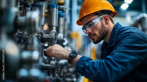 Industrial Precision: Engineer meticulously inspects machinery in a heavy industrial plant.