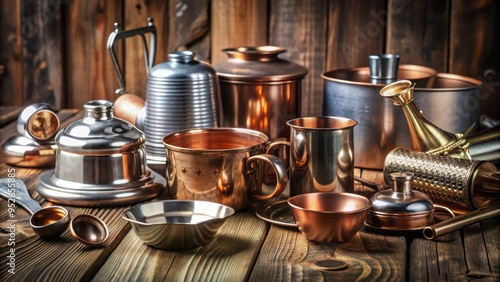 Assorted metallic elements, including copper, iron, and silver, are artfully arranged on a rustic wooden table, showcasing their unique textures and reflective properties.