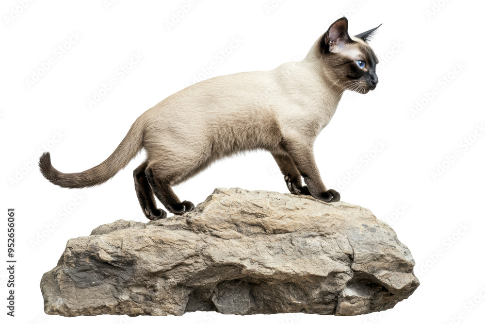 Siamese cat with blue eyes standing on a rocky surface, isolated on a white background. Captured from side view. Siamese cat with blue eyes standing on a rocky surface, isolated on a white background. Captured from side view.