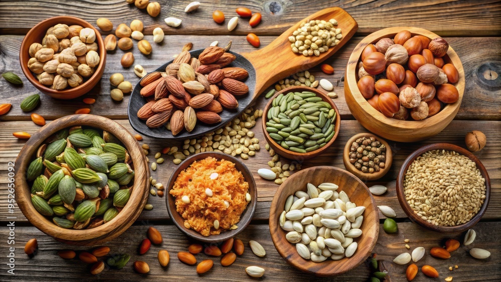 Assortment of healthy nuts and seeds including almonds, cashews, pumpkin seeds, and sunflower seeds scattered on a rustic wooden table. Assortment of healthy nuts and seeds including almonds, cashews, pumpkin seeds, and sunflower seeds scattered on a rustic wooden table.