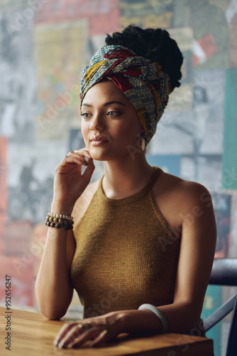 Fotografía Relax, thinking and African woman in coffee shop for thoughtful, daydreaming and wondering with view