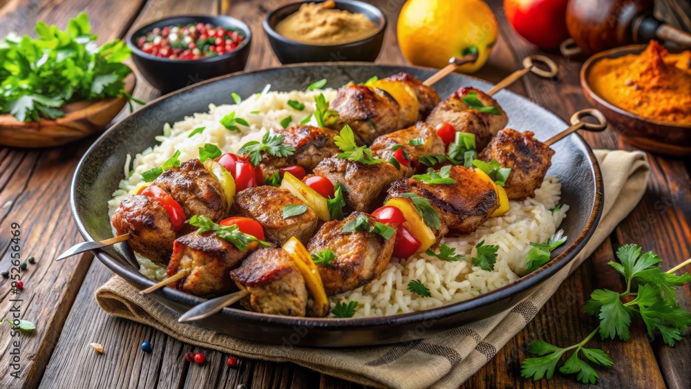 Authentic Middle Eastern or South Asian cuisine, fresh juicy lamb or chicken kebabs sizzling on a grill, garnished with parsley and served with basmati rice. Authentic Middle Eastern or South Asian cuisine, fresh juicy lamb or chicken kebabs sizzling on a grill, garnished with parsley and served with basmati rice.