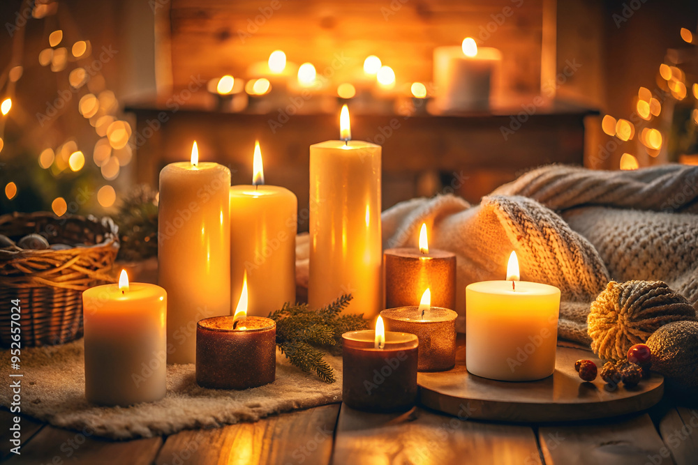 A table is covered with candles of various sizes and colors. The candles are lit and create a warm and cozy atmosphere. The table is also adorned with a blanket and a basket A table is covered with candles of various sizes and colors. The candles are lit and create a warm and cozy atmosphere. The table is also adorned with a blanket and a basket