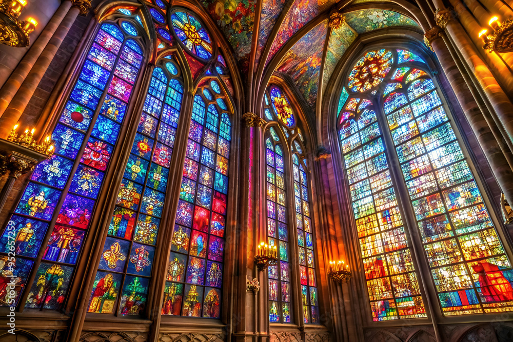 The stained glass windows of a church are filled with bright colors and intricate designs. The windows are arranged in a way that creates a sense of depth and movement, drawing the viewer's eye up The stained glass windows of a church are filled with bright colors and intricate designs. The windows are arranged in a way that creates a sense of depth and movement, drawing the viewer's eye up