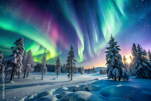 The sky is filled with auroras, and the trees are covered in snow. The scene is peaceful and serene, with the auroras creating a beautiful and otherworldly atmosphere photo