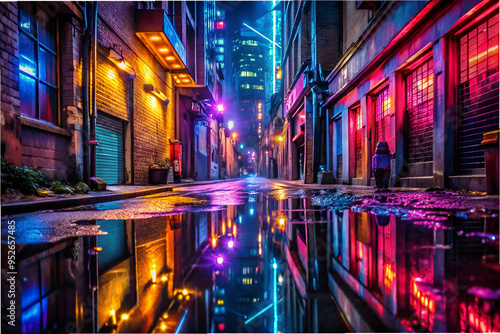 Obraz na płótnie A neon city street with a reflection of the lights in the water. Scene is vibrant and energetic w salonie