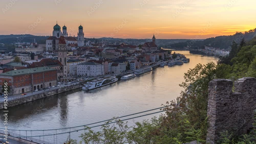 Passau Germany city skyline aerial view time lapse from day to night in 4K. Passau Germany city skyline aerial view time lapse from day to night in 4K.