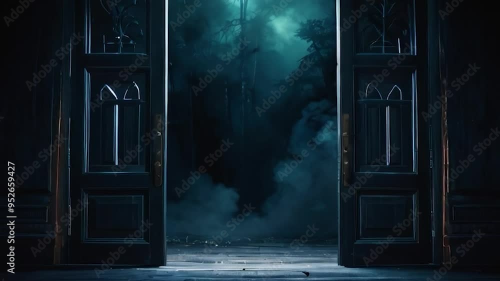 Open Doorway Leading to a Mysterious Foggy Forest at Night Open Doorway Leading to a Mysterious Foggy Forest at Night