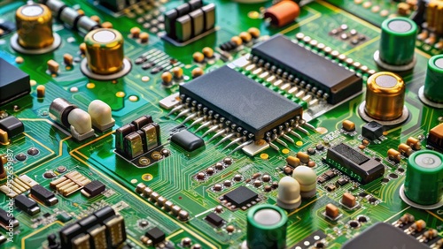 Close-up of electronic circuit board with various components such as capacitors, resistors, and microchips, attached to a green printed circuit board (PCB) layout. photo