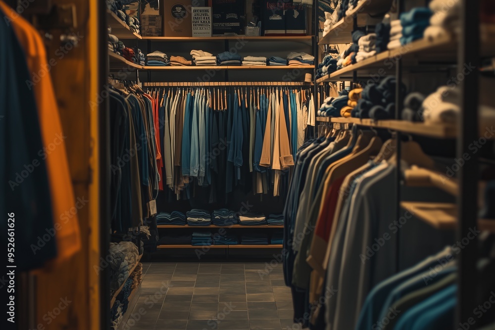 Obraz premium Clothing store background featuring racks of neatly arranged garments, showcasing a variety of styles and colors. The scene captures the atmosphere of a retail fashion environment.