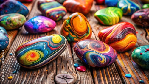 Colorful rocks with swirling patterns and vibrant hues, created by dripping and splashing paint, scattered on a rustic wooden table or outdoor surface.