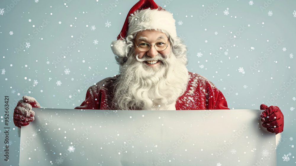 Santa claus with glasses holds a blank white banner and smiles against a snowy backdrop Santa claus with glasses holds a blank white banner and smiles against a snowy backdrop