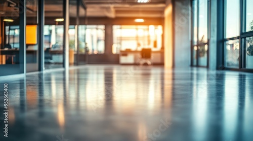 Modern Office Interior with Shiny Floor and Window Views