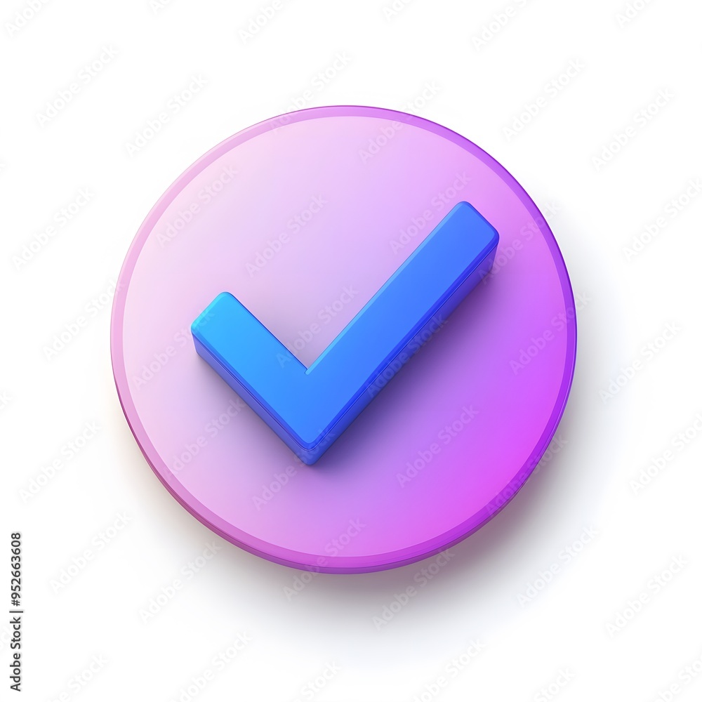 3d check icon, checklist tick, done mark. Vector realistic plastic style checkmark, symbol of selection, confirmation or approval. purple and blue circle with a white, white background
3d check icon, checklist tick, done mark. Vector realistic plastic style checkmark, symbol of selection, confirmation or approval. purple and blue circle with a white, white background