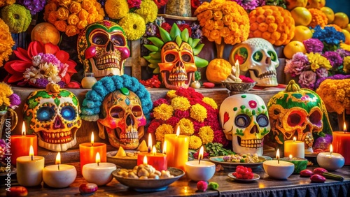 Colorful sugar skulls, marigolds, and ornate altar decorations come together in a vibrant and festive Dia de los Muertos celebration set.