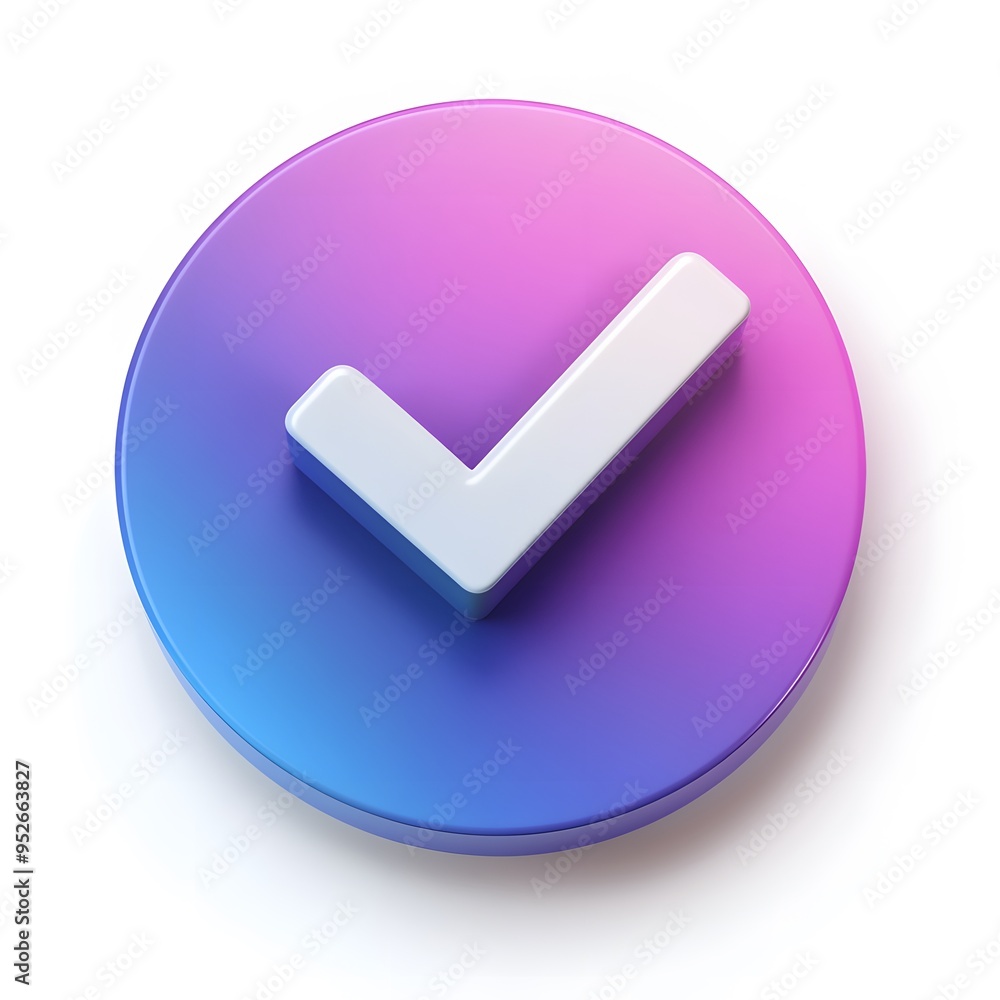 3d check icon, checklist tick, done mark. Vector realistic plastic style checkmark, symbol of selection, confirmation or approval. purple and blue circle with a white, white background
3d check icon, checklist tick, done mark. Vector realistic plastic style checkmark, symbol of selection, confirmation or approval. purple and blue circle with a white, white background
