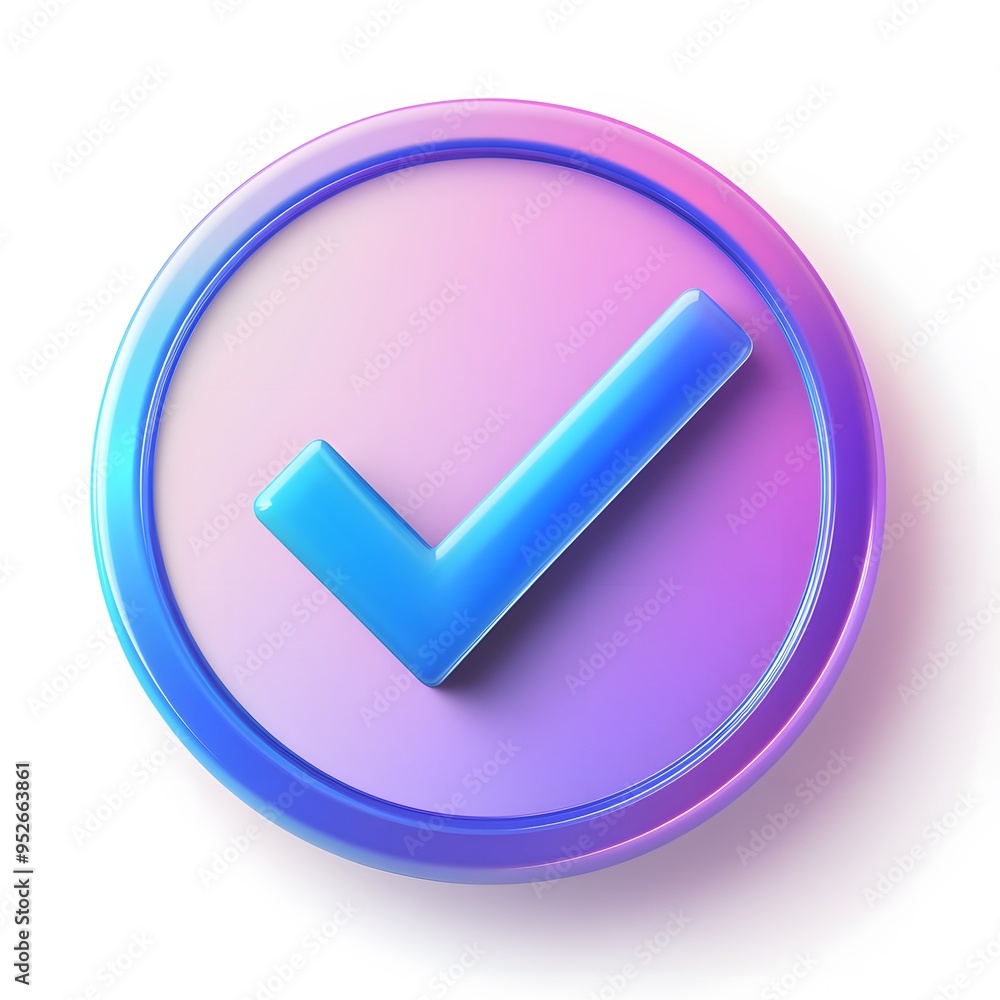 3d check icon, checklist tick, done mark. Vector realistic plastic style checkmark, symbol of selection, confirmation or approval. purple and blue circle with a white, white background
3d check icon, checklist tick, done mark. Vector realistic plastic style checkmark, symbol of selection, confirmation or approval. purple and blue circle with a white, white background