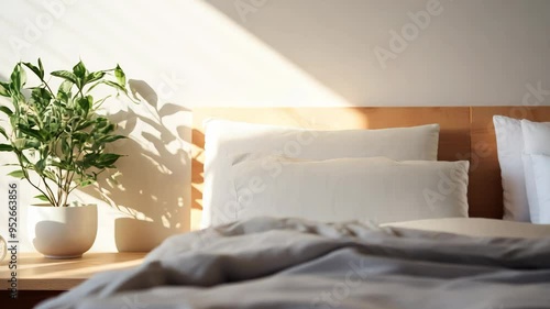 cozy bedroom with bed in the morning sun rays