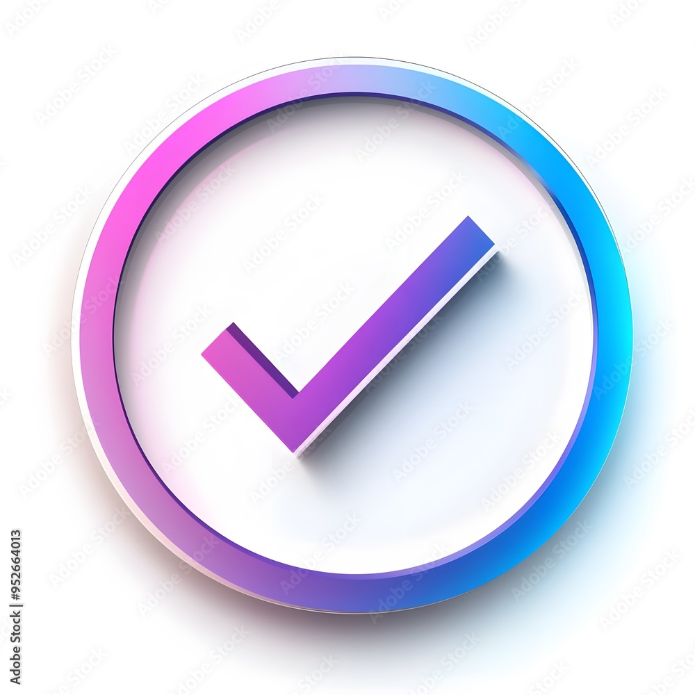 3d check icon, checklist tick, done mark. Vector realistic plastic style checkmark, symbol of selection, confirmation or approval. purple and blue circle with a white, white background
3d check icon, checklist tick, done mark. Vector realistic plastic style checkmark, symbol of selection, confirmation or approval. purple and blue circle with a white, white background