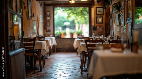 A tranquil restaurant interior featuring beautifully arranged tables with white tablecloths