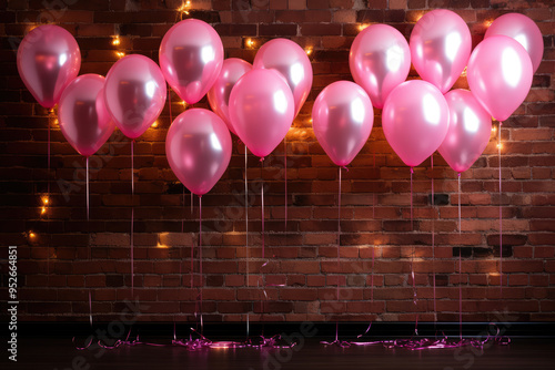 old bricks wall background with many yellow  balloon s as the celebration party  photo