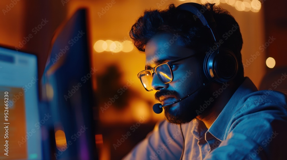 Man in Glasses and Headphones Looking at Computer Screen Man in Glasses and Headphones Looking at Computer Screen