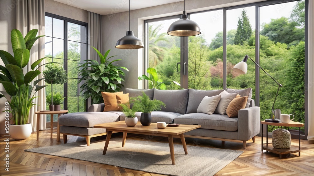 Fototapeta premium Cozy modern living room with sleek gray sofa, wooden coffee table, and floor lamp, surrounded by large windows and potted green plants.