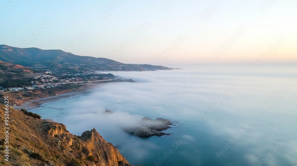 Obraz premium Dense fog covering a coastal town at dawn foggy weather