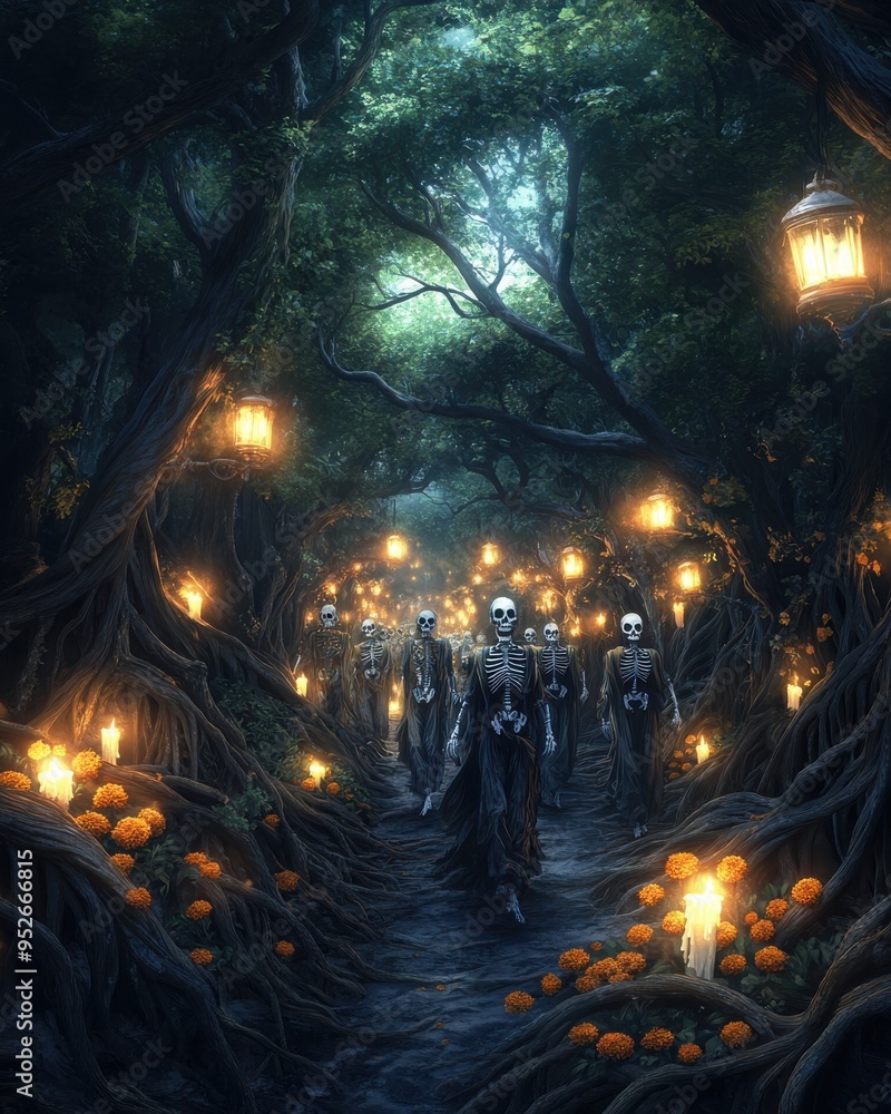 Mystical Forest Path Lit by Lanterns and Pumpkins, Enveloped by Trees with Spooky Figures Walking Through at Night Mystical Forest Path Lit by Lanterns and Pumpkins, Enveloped by Trees with Spooky Figures Walking Through at Night