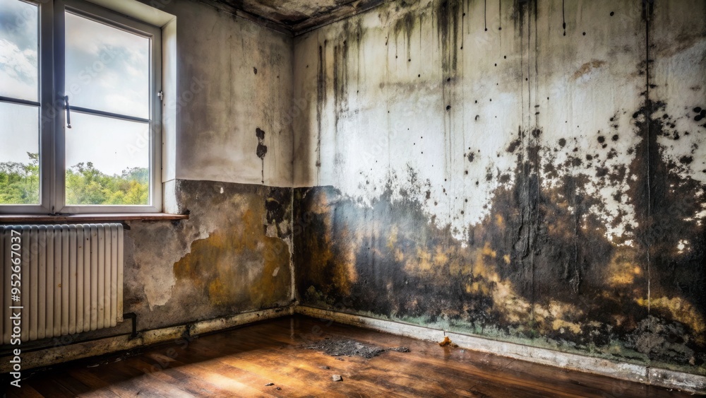 Dark, damp, and foreboding, a patch of black mold spreads its tendrils across a decrepit wall, symbolizing decay and neglect in a once-thriving space. Dark, damp, and foreboding, a patch of black mold spreads its tendrils across a decrepit wall, symbolizing decay and neglect in a once-thriving space.