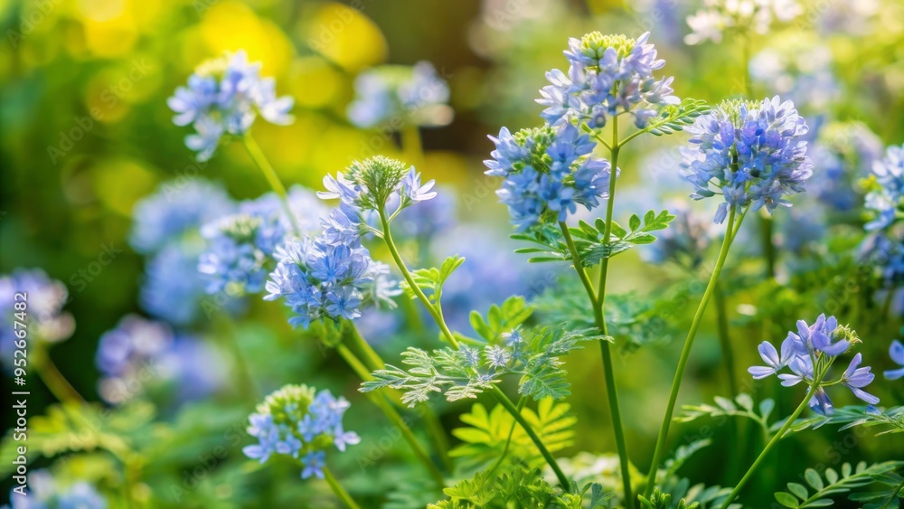 Obraz premium Delicate, pale-blue rue flowers with intricate, fern-like foliage bloom in a lush, sun-drenched garden, evoking a sense of serenity and subtle, rustic charm.