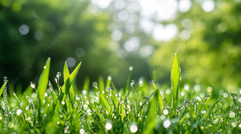 Fototapeta premium Dew on grass blades glistening in the morning sun fresh weather