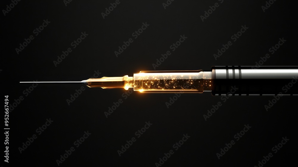 Naklejka premium This captivating visual showcases a syringe filled with a golden sparkling substance emphasizing the interplay of light and darkness symbolizing innovation in medical technology