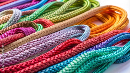 Delicate, intricately woven shoelaces in a variety of vibrant colors and textures, neatly arranged on a crisp white background, showcasing subtle shadows and details.