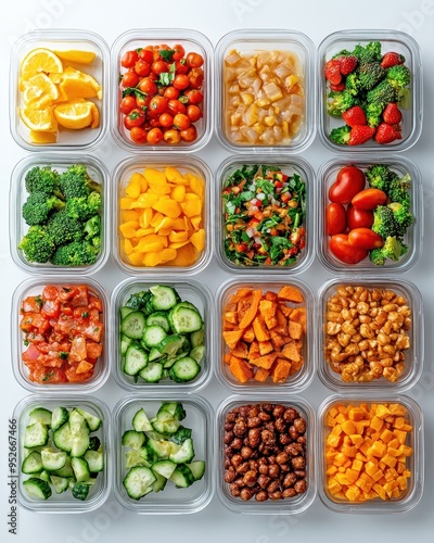 A vibrant assortment of prepared vegetables and fruits in clear containers, perfect for meal prep and healthy eating.