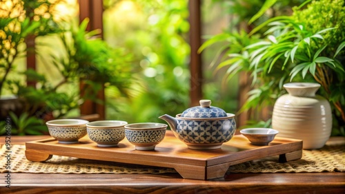 delicate tea ceremony setup with intricately patterned ceramics, ornate wooden table, and lush greenery against a soft, creamy background. photo