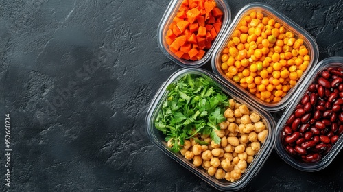 Colorful chopped vegetables and legumes in clear containers, perfect for meal prep and healthy eating.