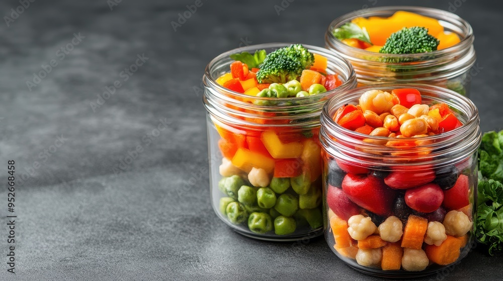 Colorful jars filled with fresh cut vegetables, showcasing healthy eating and meal prep, perfect for culinary and nutrition themes. Colorful jars filled with fresh cut vegetables, showcasing healthy eating and meal prep, perfect for culinary and nutrition themes.