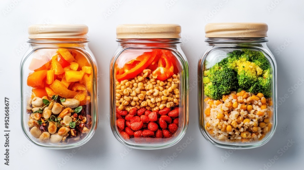 Colorful jars filled with healthy ingredients, showcasing vibrant vegetables and legumes for nutritious meal prep. Colorful jars filled with healthy ingredients, showcasing vibrant vegetables and legumes for nutritious meal prep.