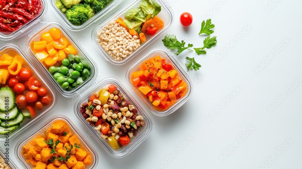 Colorful meal prep containers filled with fresh vegetables, promoting healthy eating and meal planning for a balanced diet. Colorful meal prep containers filled with fresh vegetables, promoting healthy eating and meal planning for a balanced diet.