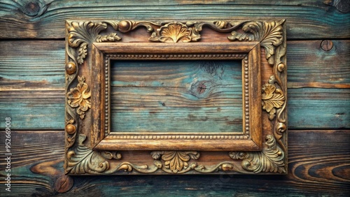 Distressed antique wooden picture frame with ornate carved details, worn gilded edges, and a vintage patina, conveying a sense of nostalgic elegance. photo