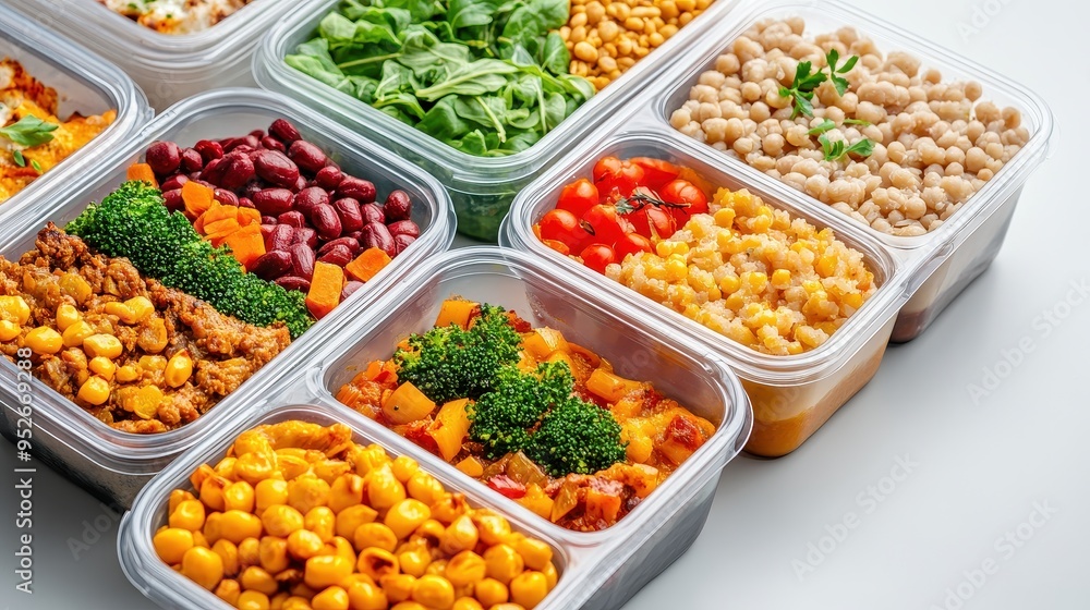 Colorful meal prep containers filled with healthy ingredients like beans, grains, and vegetables arranged neatly on a white surface. Colorful meal prep containers filled with healthy ingredients like beans, grains, and vegetables arranged neatly on a white surface.