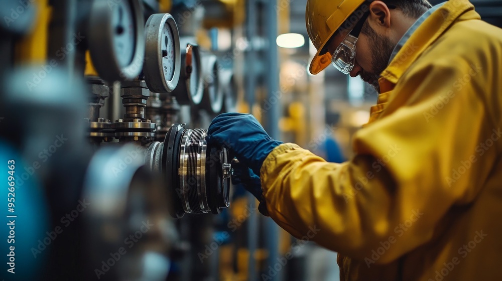 Industrial Precision: Engineer in Yellow - A skilled engineer meticulously inspects machinery in a heavy industry setting, highlighting the importance of safety and expertise. Industrial Precision: Engineer in Yellow - A skilled engineer meticulously inspects machinery in a heavy industry setting, highlighting the importance of safety and expertise.