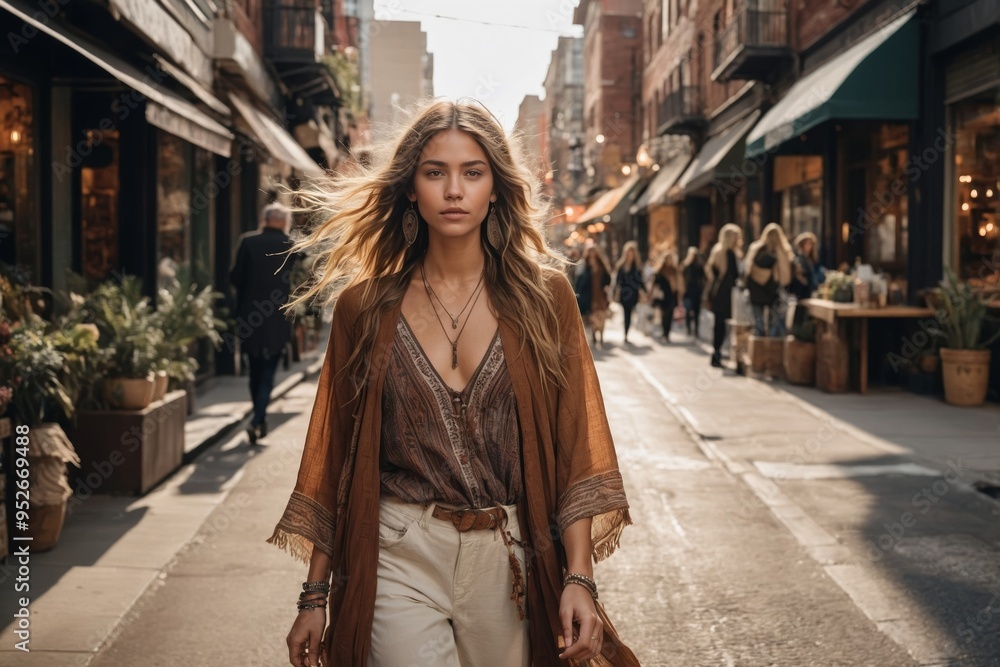 Stylish woman in bohemian fashion walking city street Stylish woman in bohemian fashion walking city street