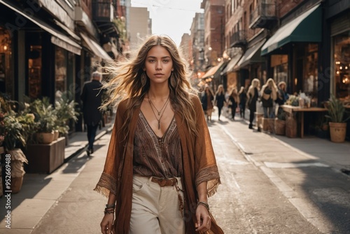 Stylish woman in bohemian fashion walking city street