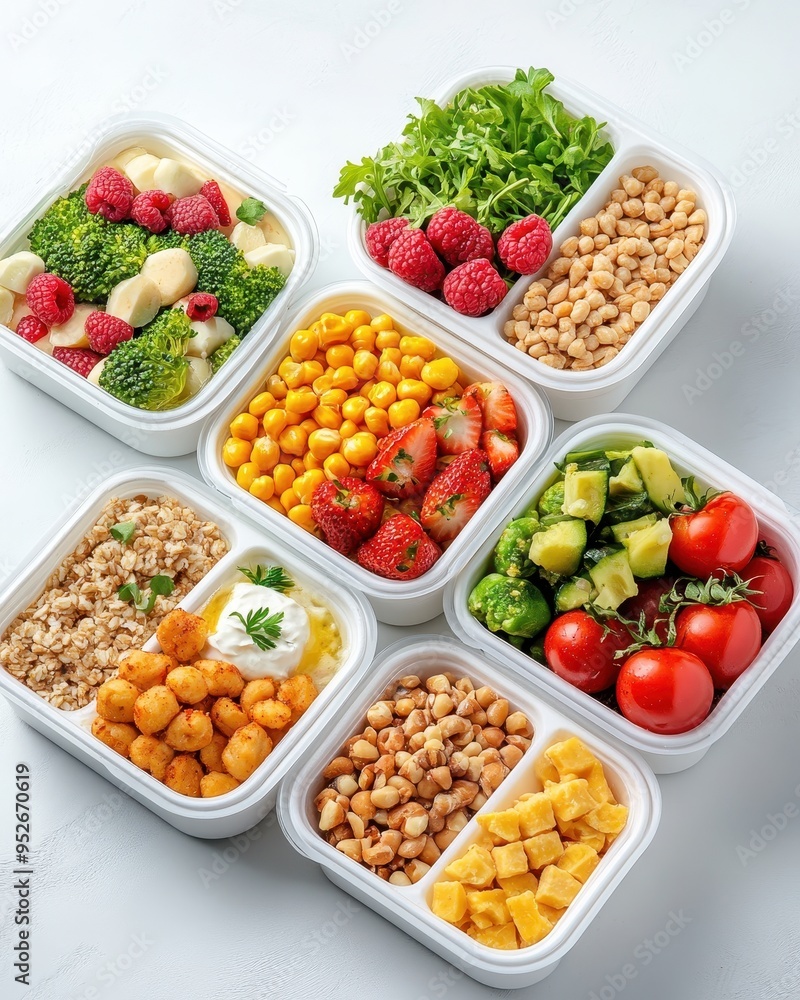 Healthy meal prep containers filled with colorful fruits, vegetables, and grains for balanced nutrition. Healthy meal prep containers filled with colorful fruits, vegetables, and grains for balanced nutrition.