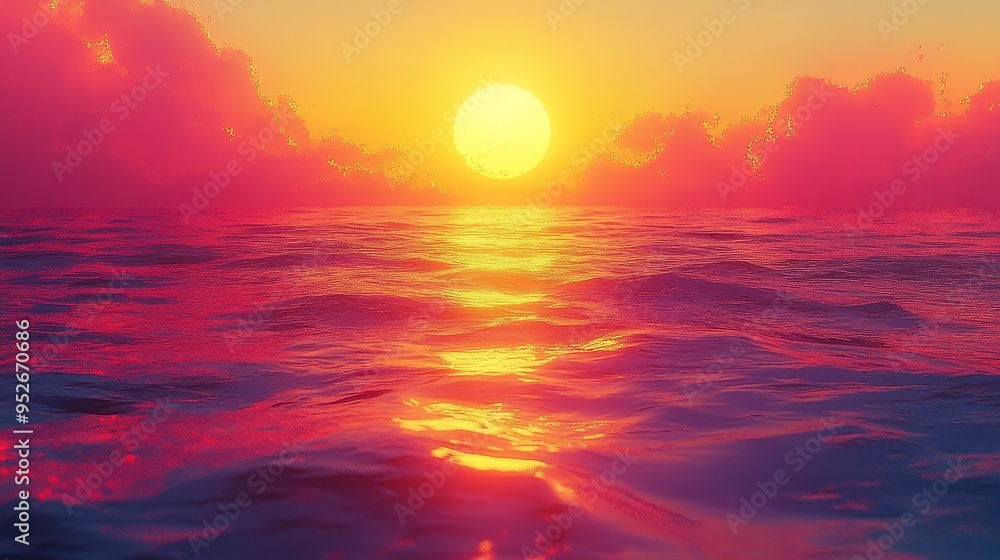 The sun dips below the horizon casting brilliant oranges and pinks over gentle ocean waves Soft clouds reflect the warm light creating a peaceful evening atmosphere The sun dips below the horizon casting brilliant oranges and pinks over gentle ocean waves Soft clouds reflect the warm light creating a peaceful evening atmosphere